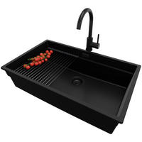 GRANITSPÜLE Praga Slim, 2-er set Schwarz 76/47 cm 1 Becken + Küchenarmatur 32/20 cm + Ablauf-Set + Aufrollbare Abtropffläche ab 80er Unterschrank - Schwarz, Kunststoff (76/20/47cm) - Primagran