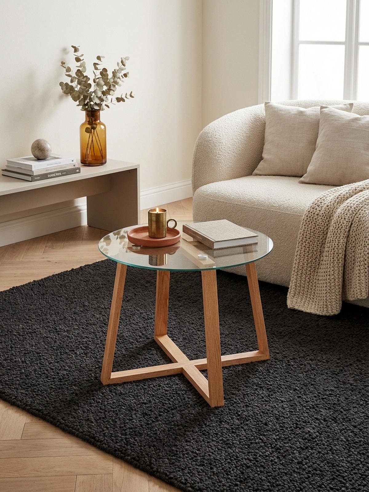 COUCHTISCH Eiche massiv mit Glasplatte, modernes Design, überkreuztes Gestell - Braun, Glas/Eichenholz (58/58/47cm) - KADIMA DESIGN