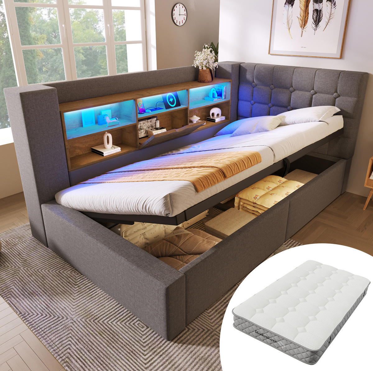 POLSTERBETT 90/200 cm mit LED-Beleuchtung, USB-Anschlüssen, hydraulischem Stauraum und L-Kopfteil, Grau - Grau, Textil (90/200cm) - Redom
