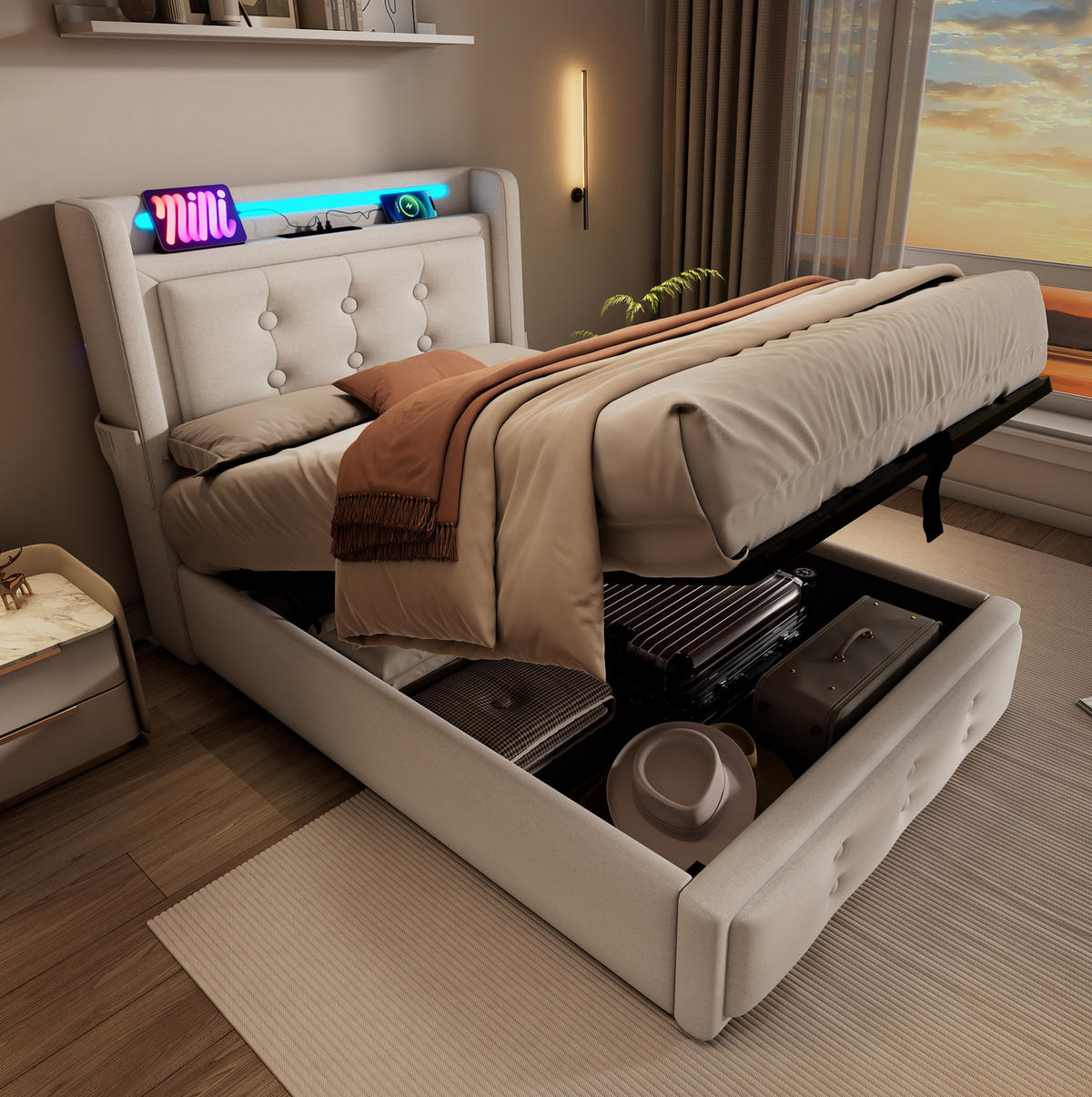 POLSTERBETT mit LED, Ladefunktion und Stauraum 90x200 cm Beige - Beige, Metall (90/200cm) - Meubliv