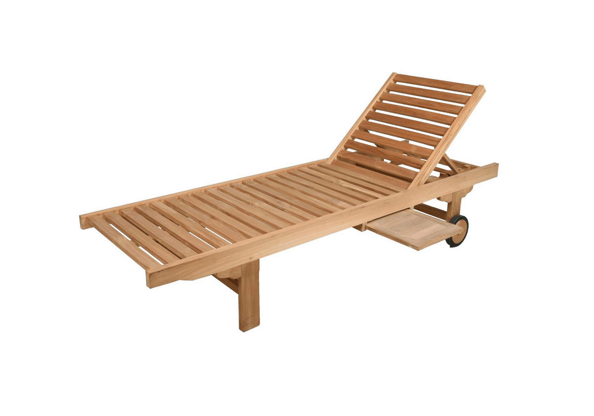 SONNENLIEGE Leo Verstellbar mit Ablagebord Natur Teak Gartenliege mit Rollen - Naturfarben, Holz (64.5/85/198cm) - DELUKE