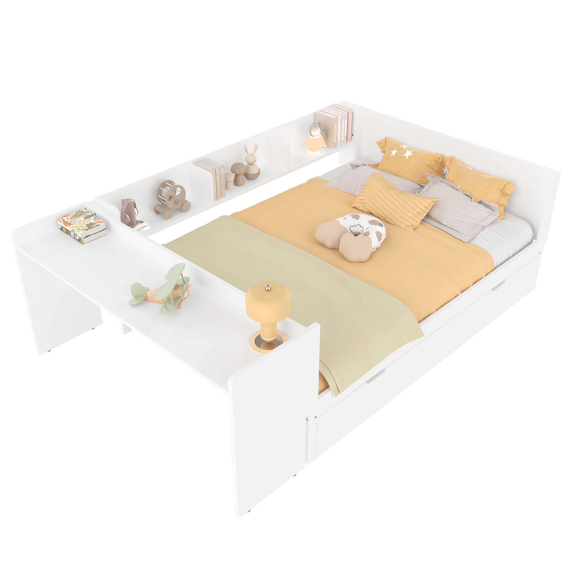 BETT 140/200 cm mit Schreibtisch, Rollbett und Regalen aus Kiefern und Spanplatte, Weiß - Weiß, Holzwerkstoff (140/200cm) - Redom