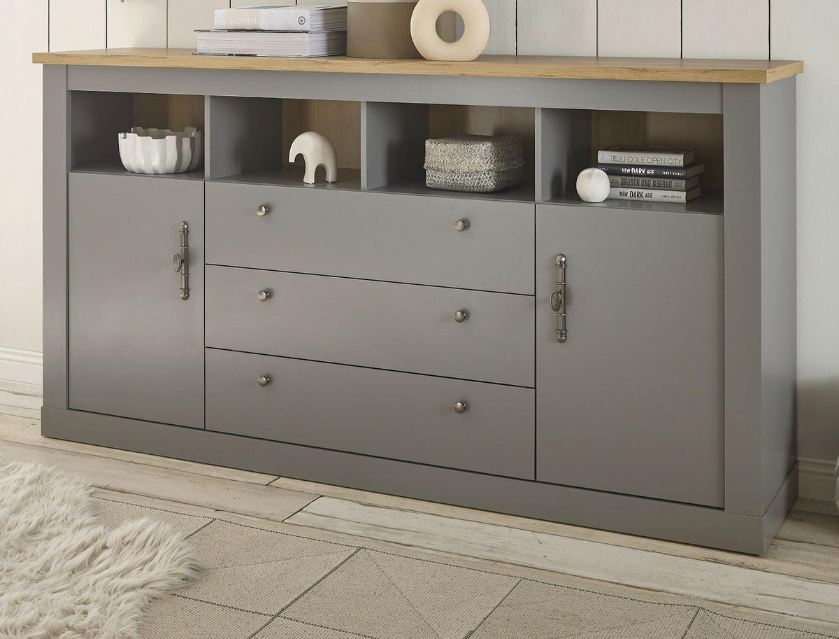 SIDEBOARD grau, Artisan Eiche Landhaus, Kommode 198 x 104 cm - Silberfarben/Hellgrau, Holzwerkstoff/Metall (198/104/44cm) - Furn.Design