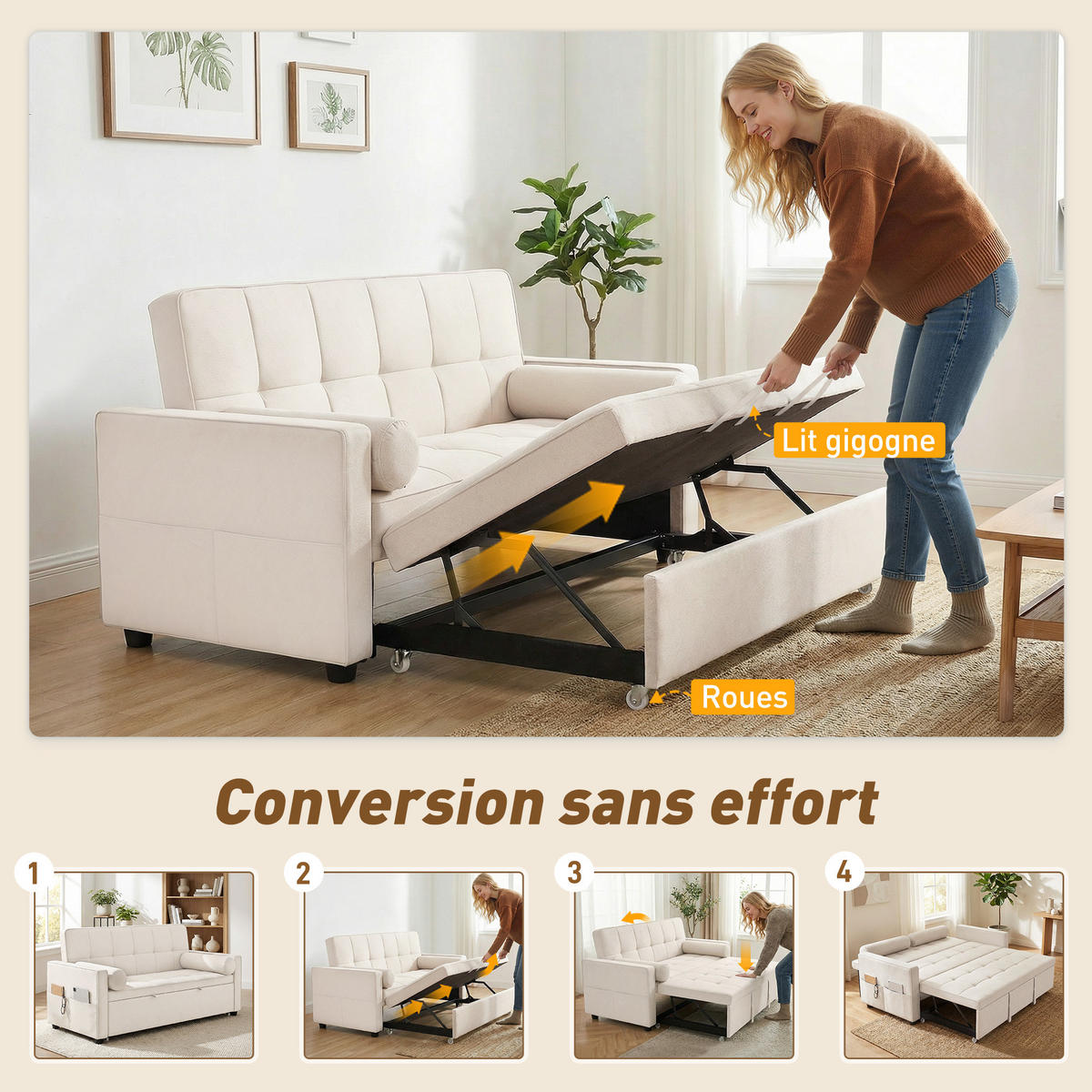 SCHLAFSOFA 2-Sitzer DE-14660 3-in-1 & 7-fach verstellbar Beige - Beige, Metall (137.5/84/80.5cm) - ComfortXL