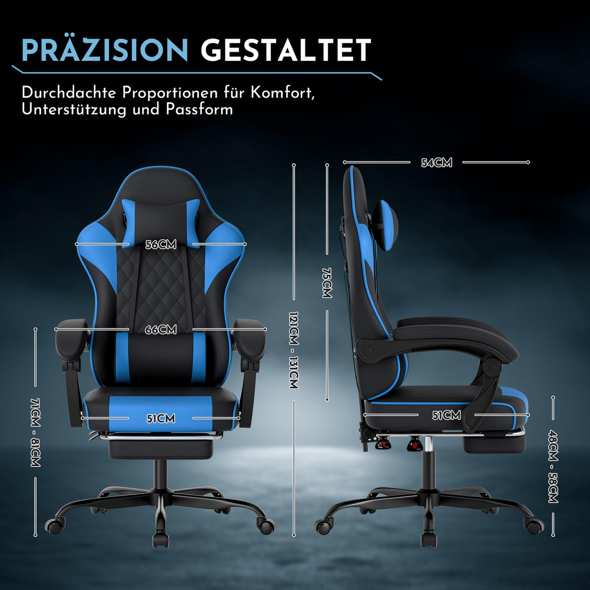 GAMINGSTUHL DE-40998 mit Lordosenstütze und Fußstütze Schwarz/Blau - Blau, Metall (58.5/120.5/63cm) - ComfortXL