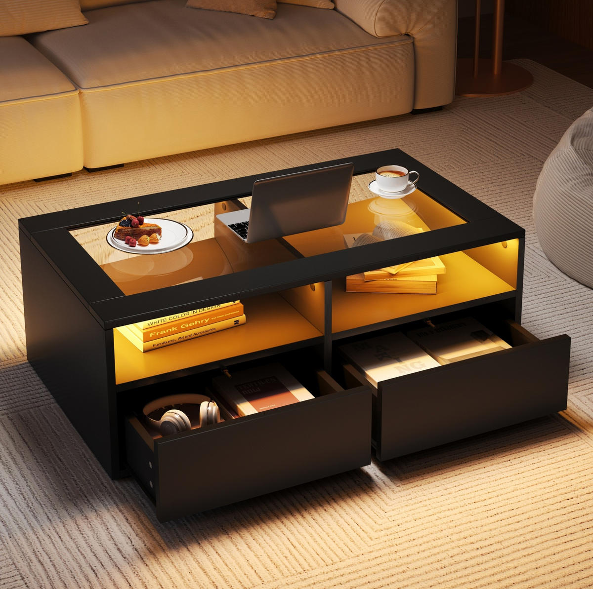 COUCHTISCH 100/50/35 cm Schwarz aus Glas und Spanplatte mit LED-Beleuchtung - Schwarz, Glas (100/50/35cm) - OKMYHOME