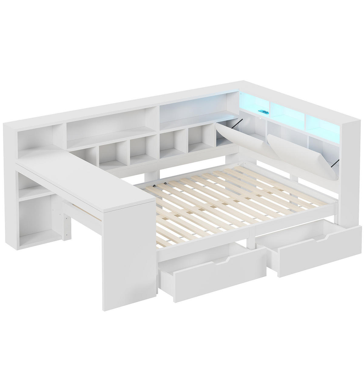 POSTEĽ 140/200 cm biela z MDF a preglejky s písacím stolom, knižnicou, zásuvkami a LED čelom - biela, kompozitné drevo (140/200cm) - OKWISH
