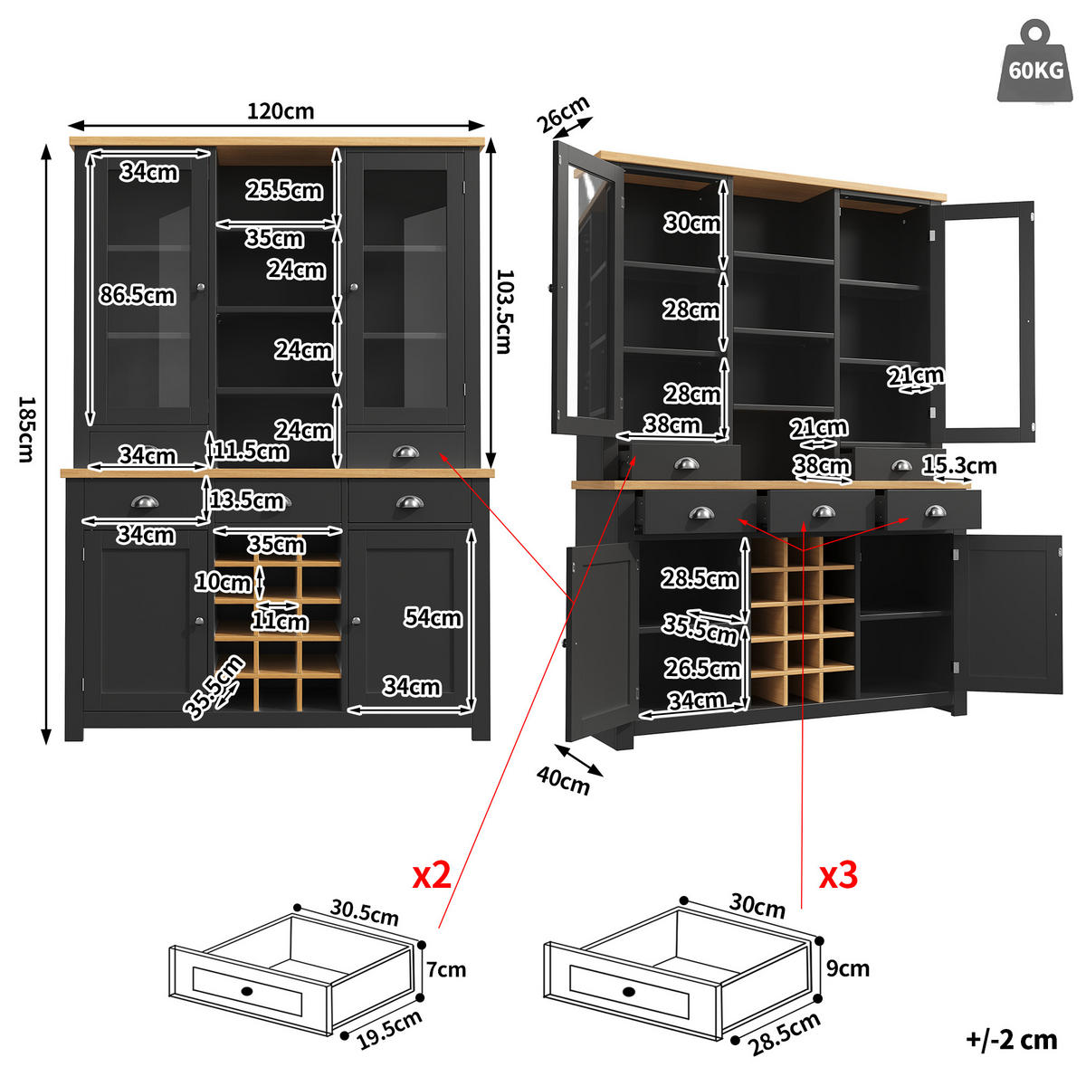 BUFFETSCHRANK Soft-Close Schwarz 120/40/185 cm - Schwarz, Holz (120/185/40cm) - PANGIVO