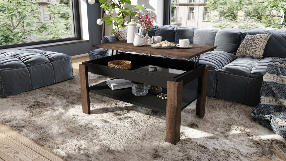 COUCHTISCH rechteckig Eiche Dunkel Schwarz höhenverstellbar 100/60/55 cm - Dunkelbraun/Schwarz, Holzwerkstoff (60/100/55cm) - designimpex