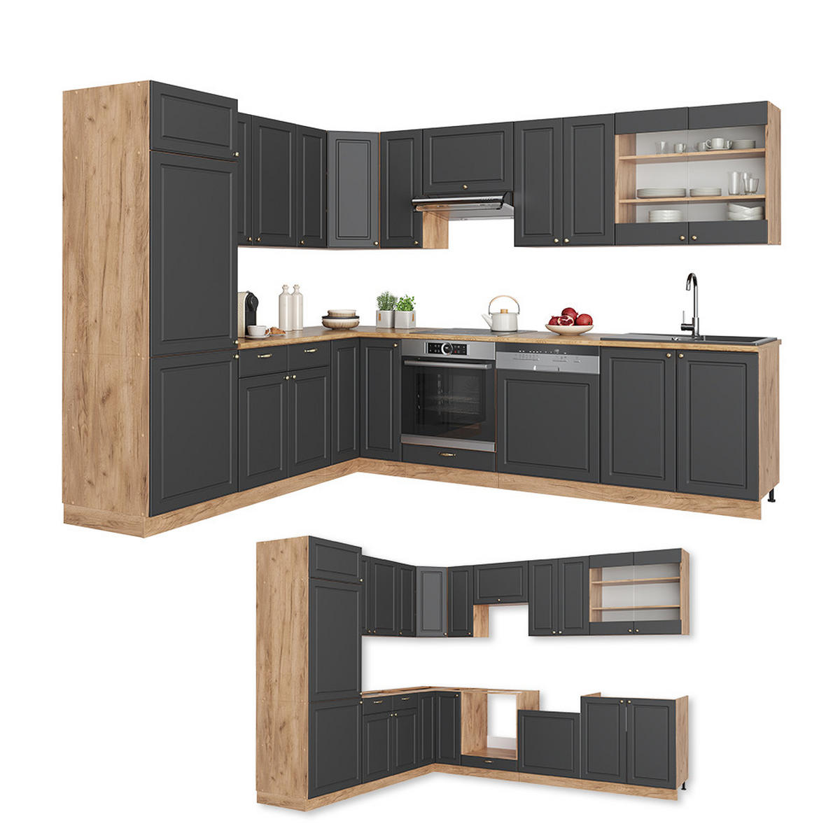 ECKKÜCHE Fame-Line Anthrazit Landhaus/Goldkraft Eiche 227 x 60 cm ohne AP - Honigeiche/Dunkelgrau, Holzwerkstoff (287/81.6/46cm) - Vicco