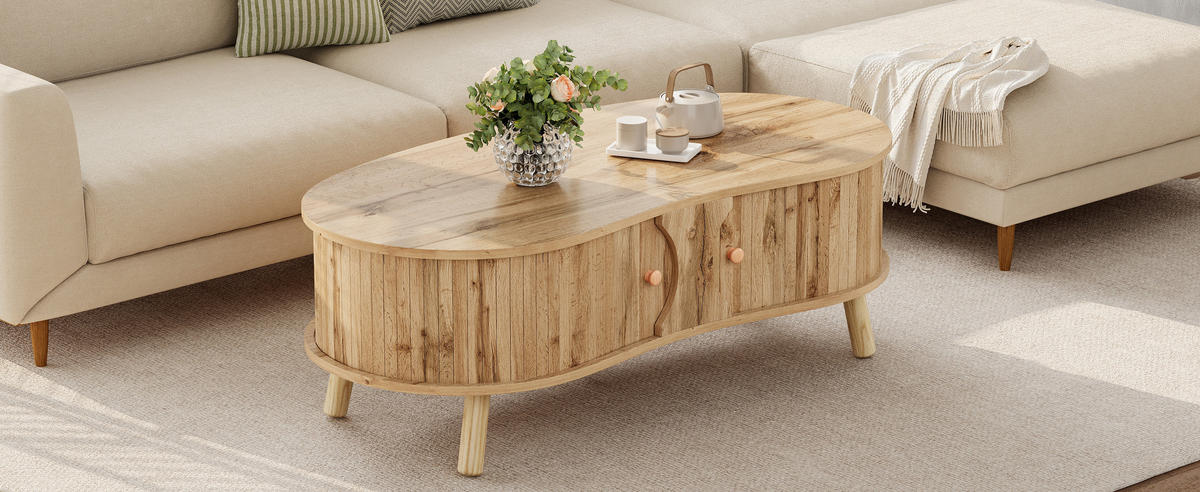 COUCHTISCH organisch Rillenoptik 2 Schiebetüren - Naturfarben, Holz (50/108/37cm) - LEBENLANG