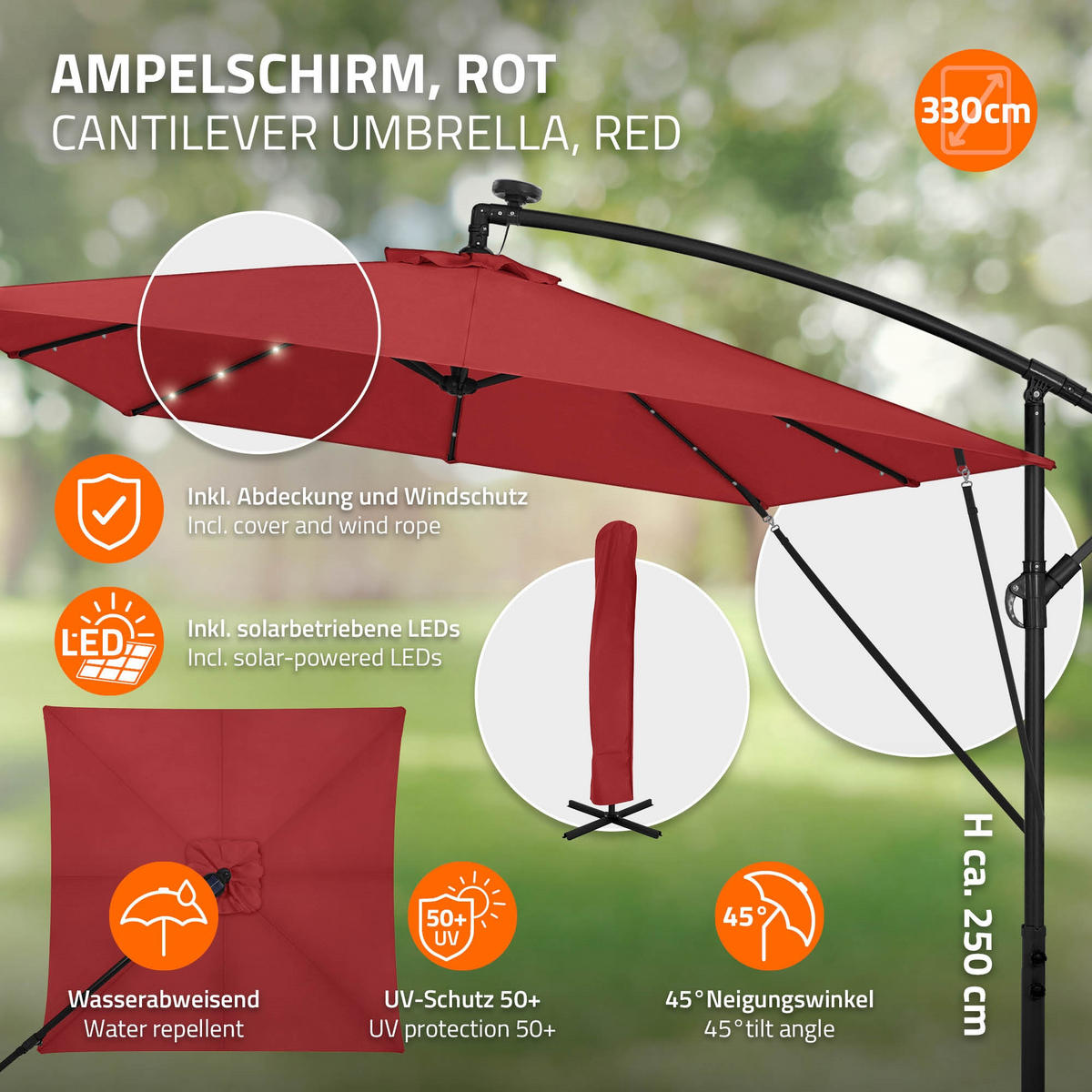 AMPELSCHIRM Ø 330 cm in Rot aus Aluminium mit LED-Solar - Rot, Metall (330/330cm) - ML-DESIGN