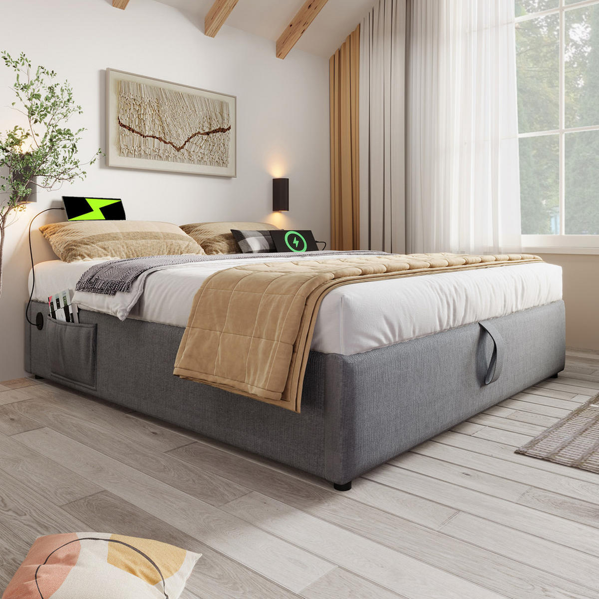 POLSTERBETT 160x200cm Doppelbett Stauraumbett mit USB-C & Lattenrost Grau - Grau, Holz - FLIEKS