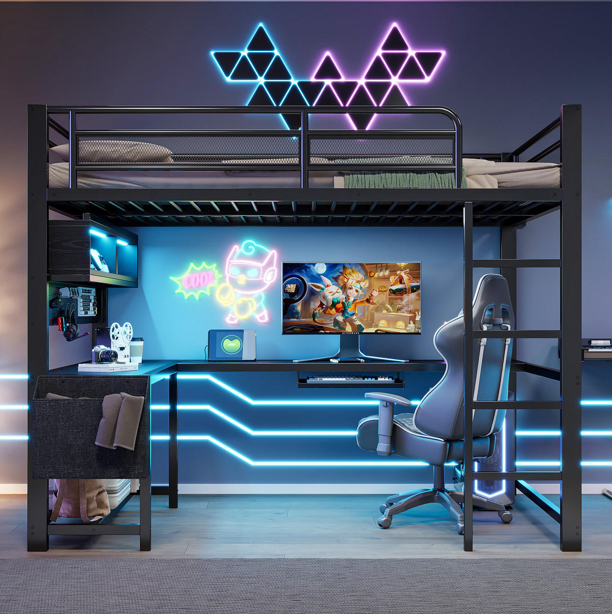 HOCHBETT 140/200 cm Schwarz mit Schreibtisch und LED - Schwarz, Metall (140/200cm) - MIVRAY