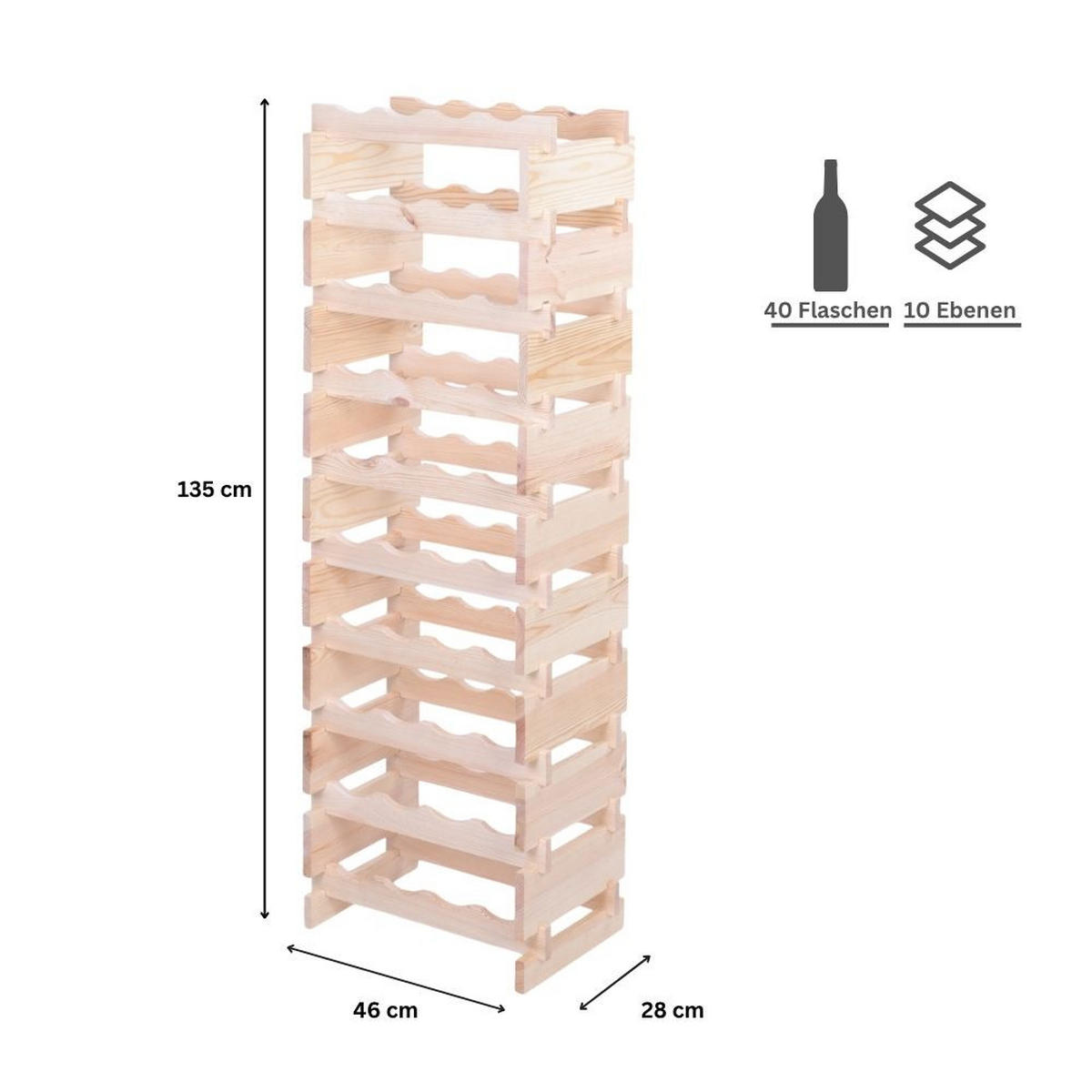 WEINREGAL VINOTECA FLEX PRO HxBxT 135x46x28cm 40 Flaschen auf 10 Ebenen Natur unbehandelt - Naturfarben, Holz (46/135/28cm) - PROREGAL