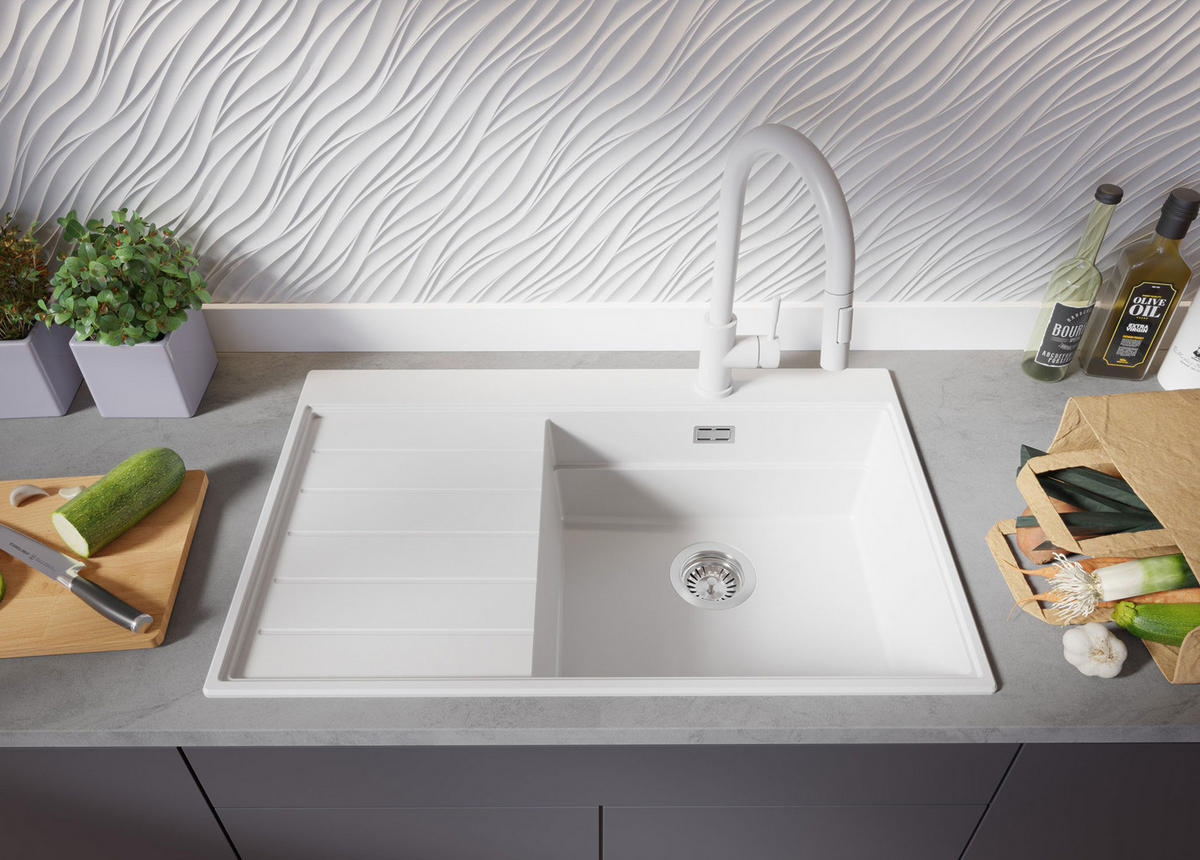 SPÜLBECKEN Sydney, 2-er set Weiß 78/50 cm 1 Becken + Ablauf-Set + Küchenzubehörset ab 50er Unterschrank - Chromfarben/Beige, Kunststoff (78/20/50cm) - Primagran