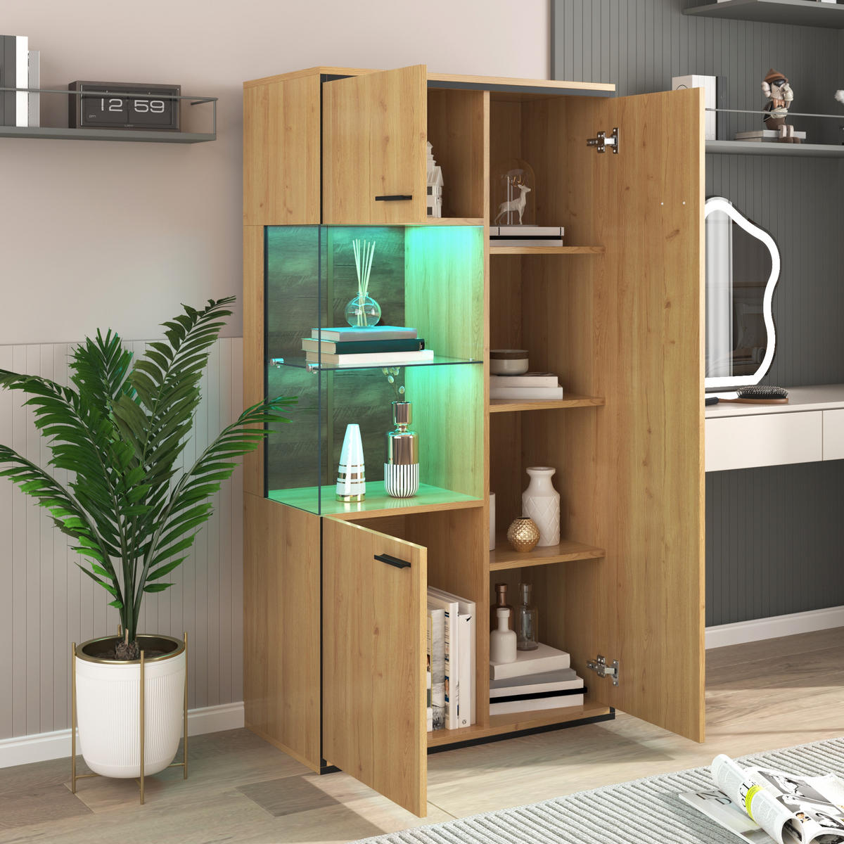 VITRINE 40/77,5/150 cm naturfarben aus MDF mit Glastür und LED - Naturfarben, Holzwerkstoff (77.5/150/40cm) - OKWISH