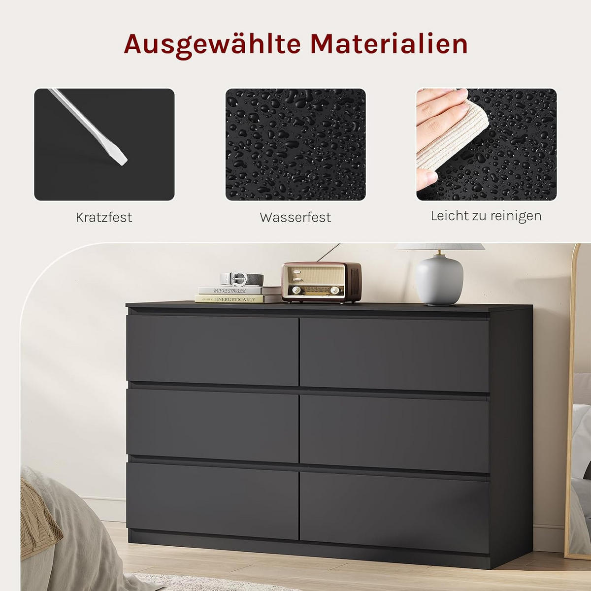 KOMMODE 6 Schubladen Holzwerkstoff 120/40/75 cm Schwarz - Schwarz, Holzwerkstoff (40/75/120cm) - Woltu