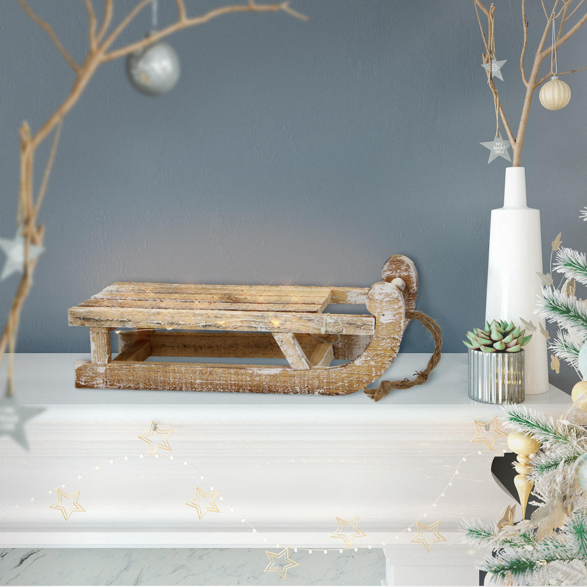 WEIHNACHTSSCHLITTEN 31,5 cm aus Holz Braun mit 25 LED - Braun, Holz (14.5/10.5/31.5cm) - ECD-Germany