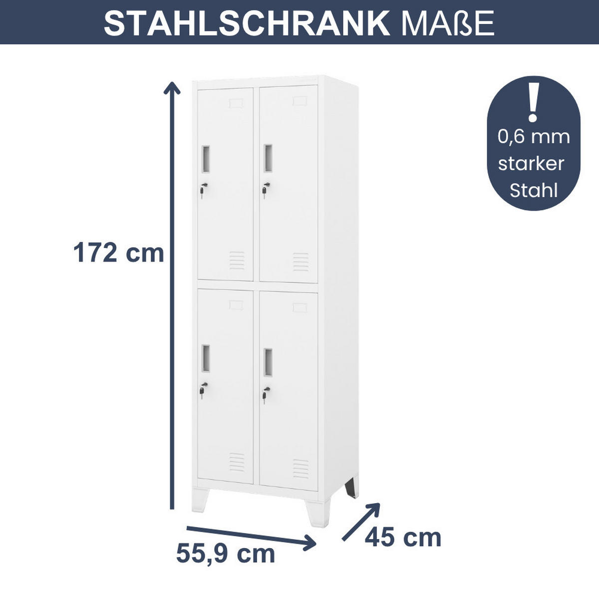 UMKLEIDESCHRANK Spind BERLIN 4 Abteile 172x55,9x45cm Weiß - Weiß, Metall (55.9/172/45cm) - DELUKE