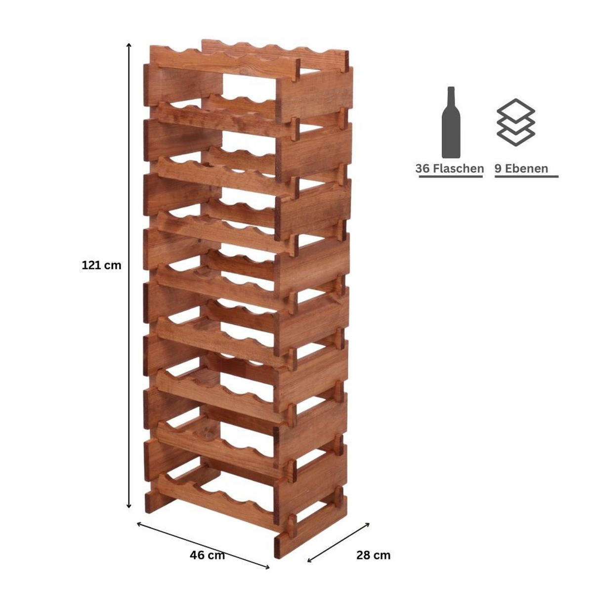 WEINREGAL VINOTECA FLEX PRO HxBxT 121x46x28cm 36 Flaschen auf 9 Ebenen Braun geölt - Braun, Holz (46/121/28cm) - PROREGAL