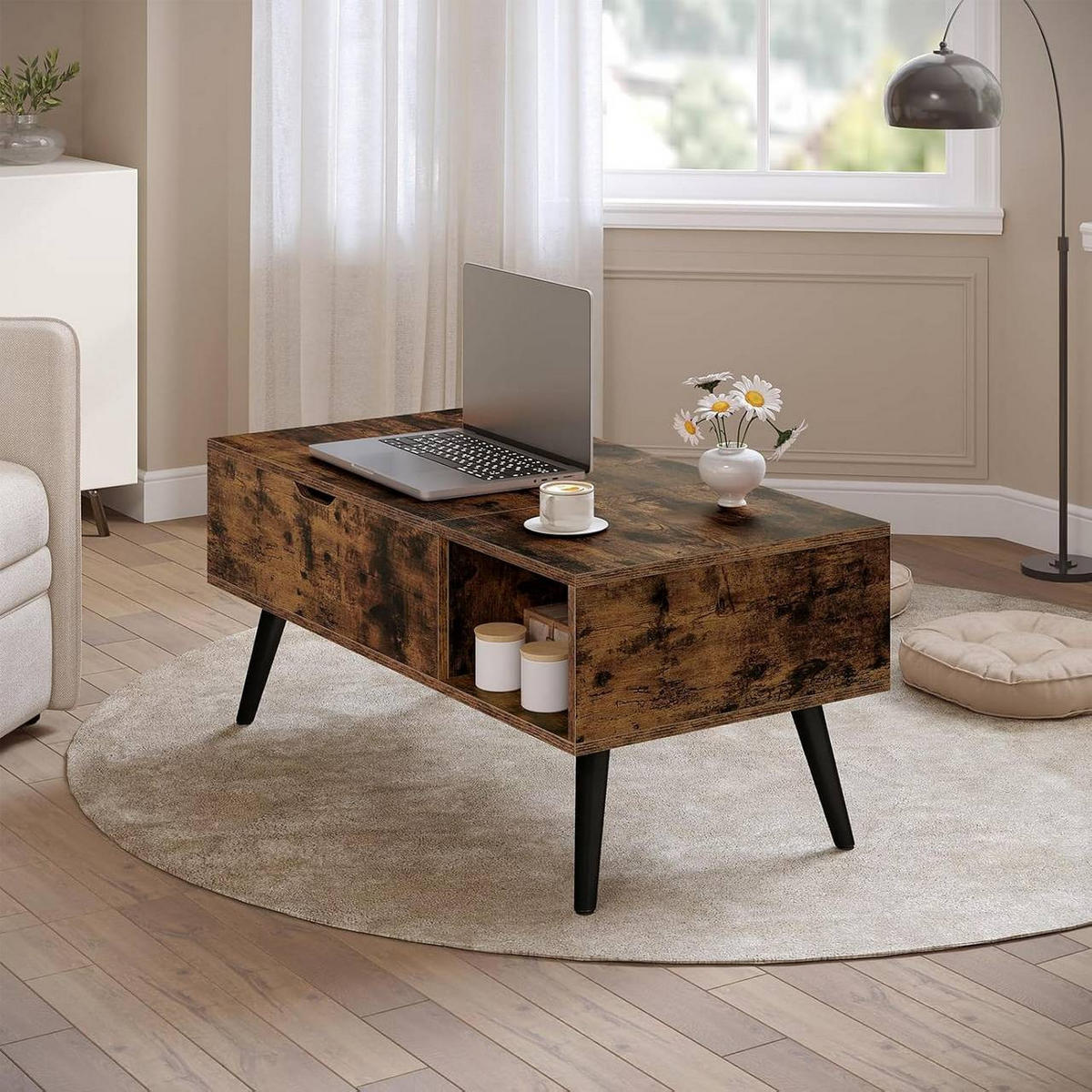 COUCHTISCH höhenverstellbar(47-53 cm), mit Stauraum, Vintagebraun - Dunkelbraun/Schwarz, Holzwerkstoff/Metall (50/100/43cm) - Woltu