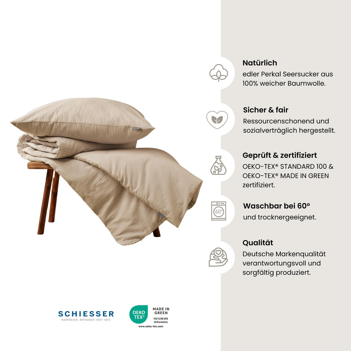 BETTWÄSCHESET Laura - Baumwoll Seersucker - 2-teilig - 135 x 200 cm - Helltaupe - Taupe, Textil (135/200cm) - SCHIESSER