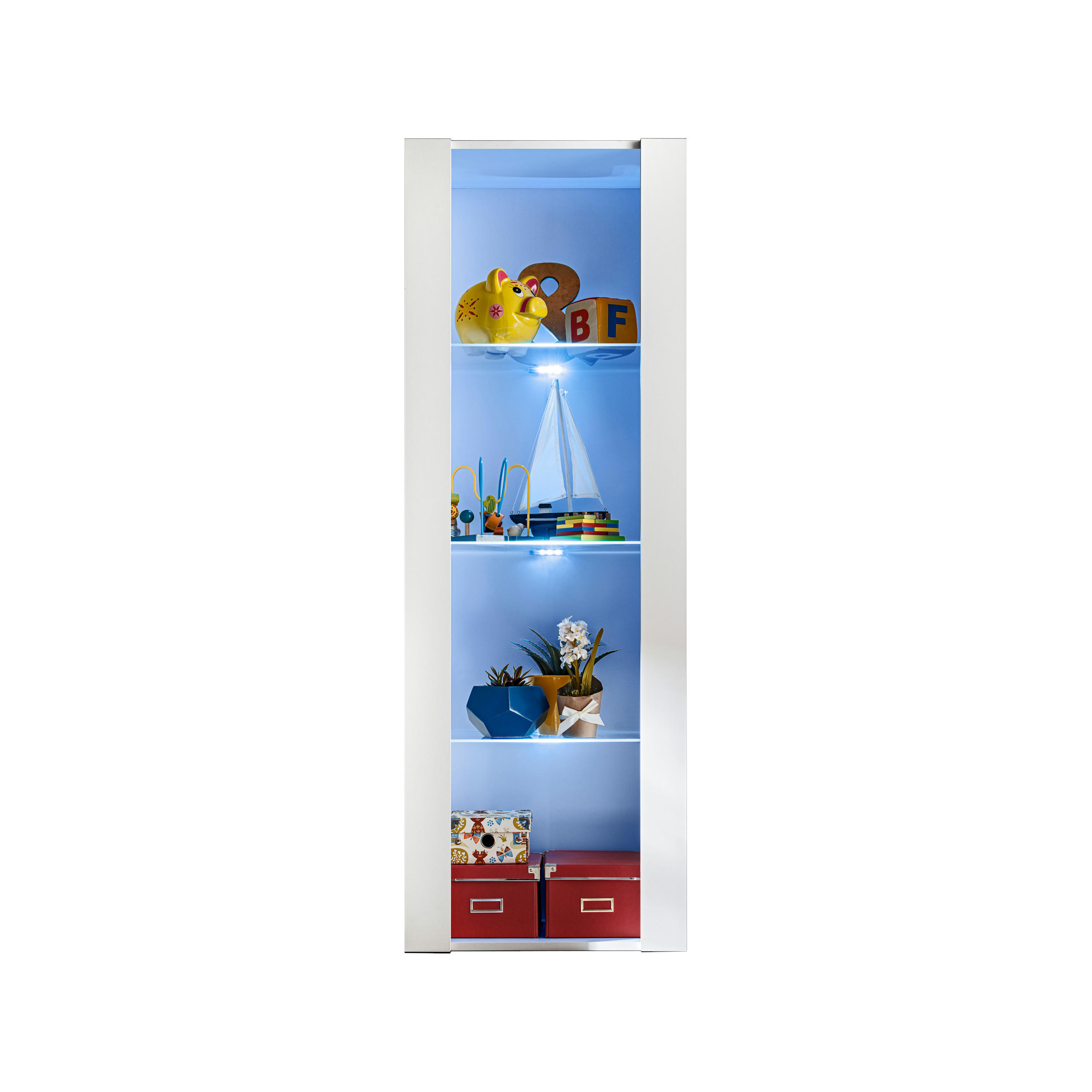 VITRINE TIVOLI, Weiß + Weiß, LED Blau - Weiß, Glas/Holzwerkstoff (55/159/35cm) - Komodee