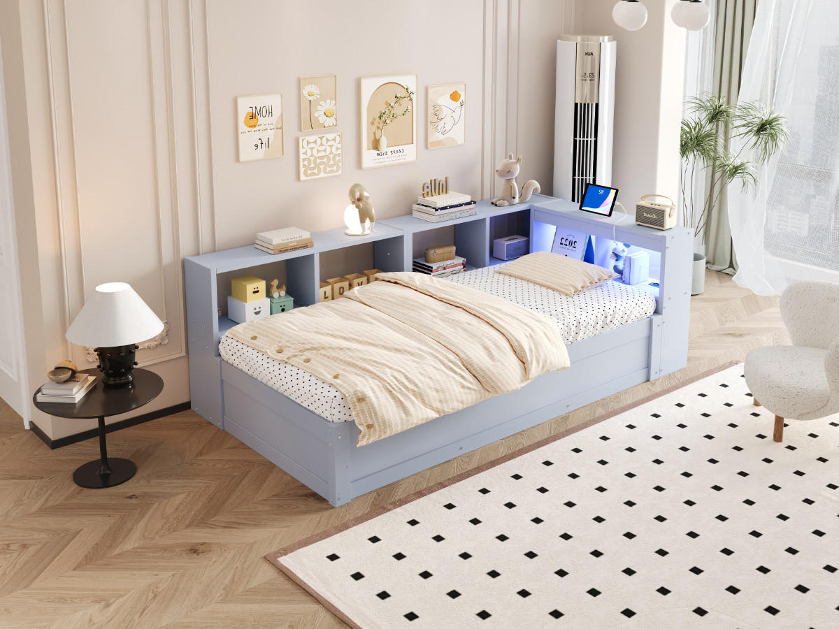 BETT 90/200 cm in Grau mit LED, Steckdose und Stauraum - Grau, Holz/Holzwerkstoff (90/200cm) - CHICFURN