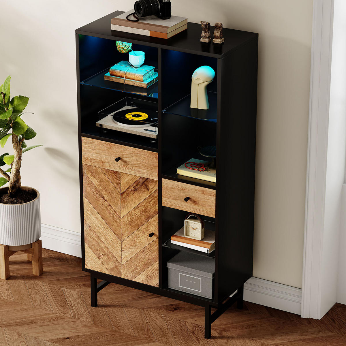 HIGHBOARD Schwarz und Holzoptik 80/40/150,5 cm - Schwarz, Holzwerkstoff (40/150.5/80cm) - Urban Meuble