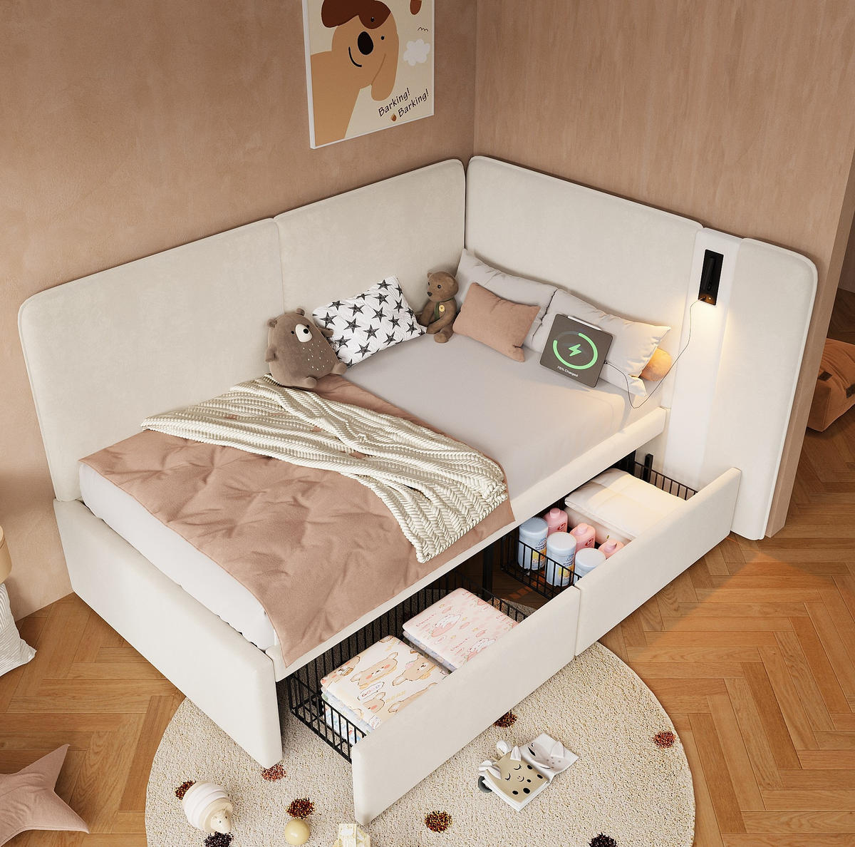 POLSTERBETT aus Samt 90x200 cm in Beige mit 2 Schubladen, USB-C & Leselampe - Beige, Textil (90/200cm) - Modfu