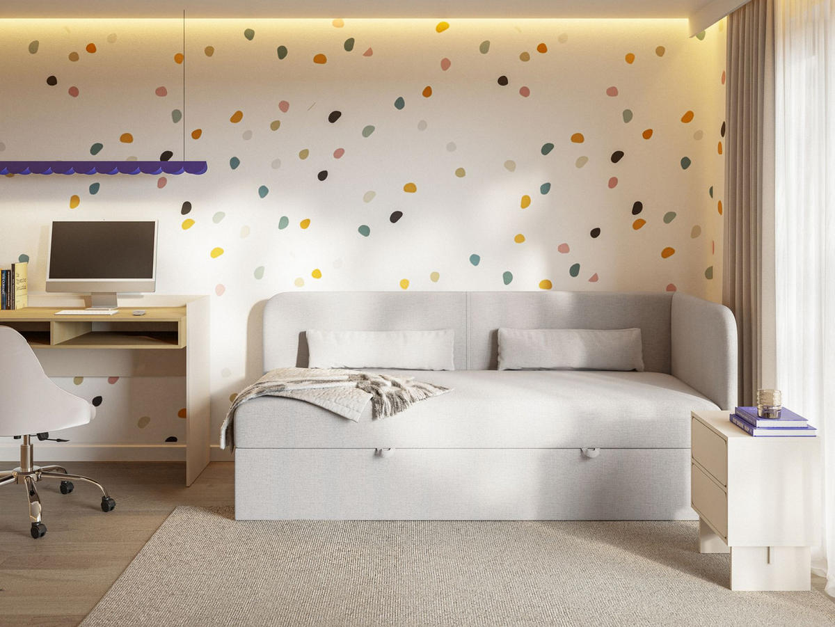 JUGENDBETT Calmmo Hellgrau mit Chenille-Bezug, Kopfteil rechts - Hellgrau, Textil (90/200cm) - Selsey