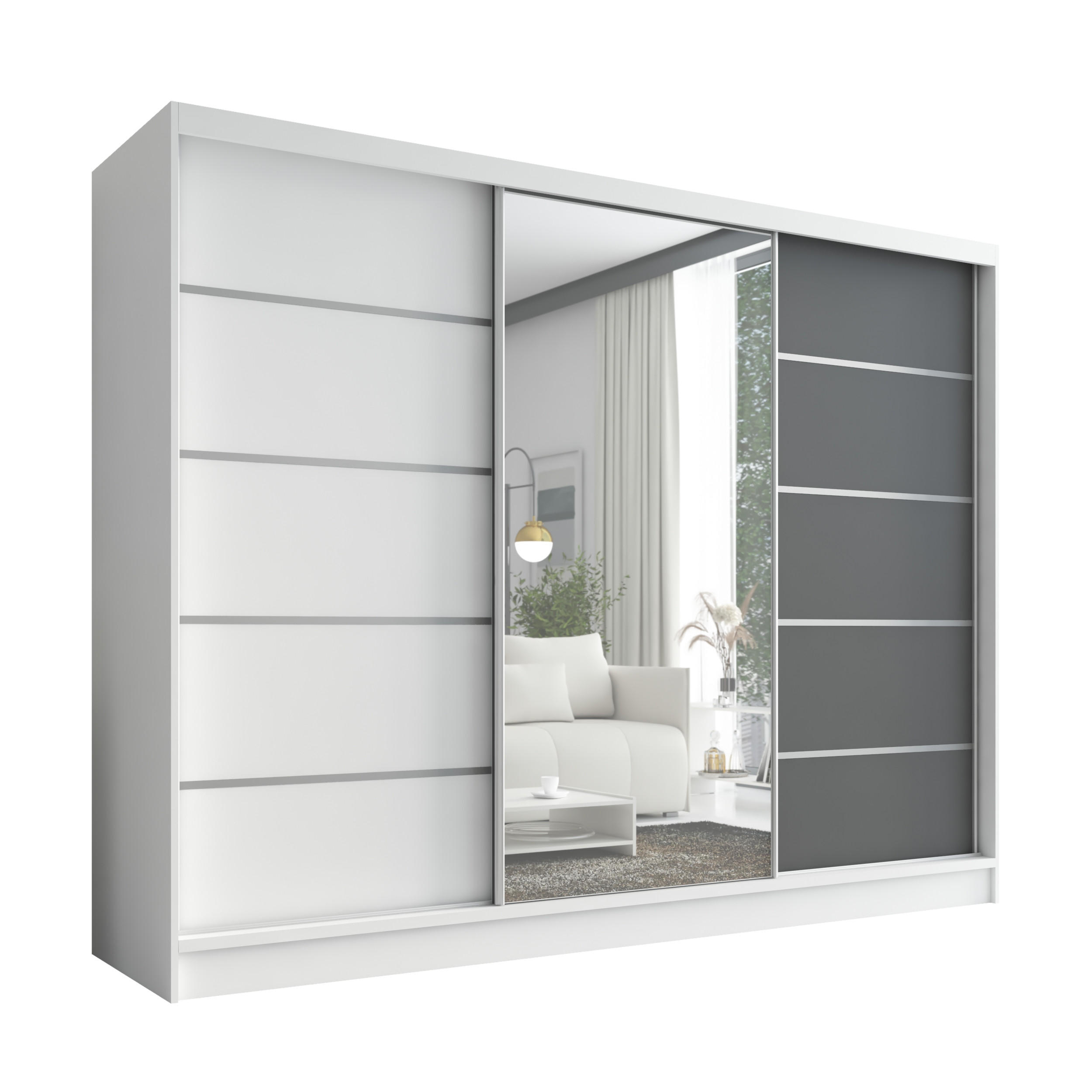 A&J MöbelLand Schwebetürenschrank Weiß, Weiß, Graphit 200x215x60 cm
