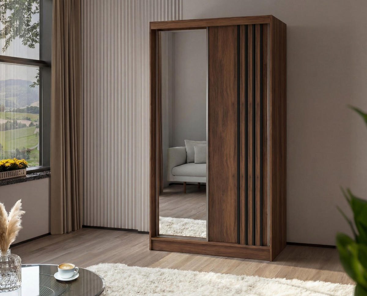 SCHWEBETÜRENSCHRANK Neli 120 cm mit Lamellen und Spiegel 2-türig, Nuss Warmia, Lamelle schwarz - Dunkelbraun/Schwarz, Kunststoff (120/216/61cm) - Margaret Hadas24