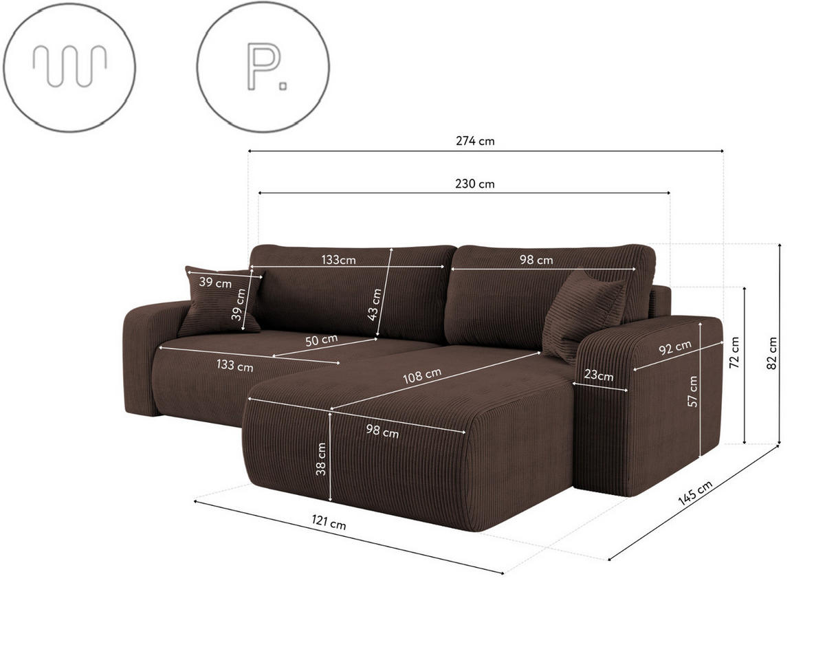 SCHLAFSOFA MILANO XL und bettkasten stoff Poso Dicker Cord Braun Rechts - Braun, Holz (274/82/145cm) - Kaiser Möbel