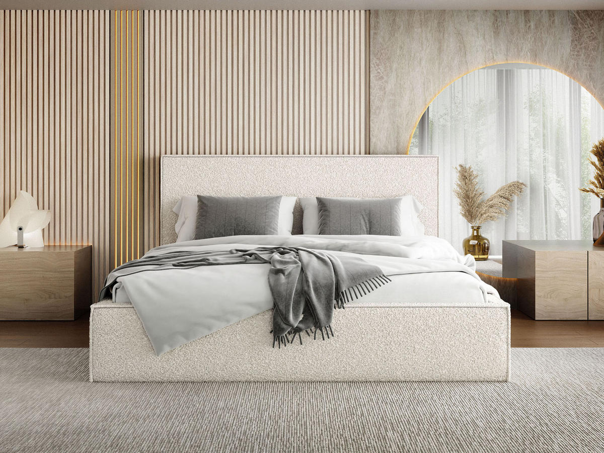POLSTERBETT Terra Slim mit Bettkasten, Creme Boucle 160x200 cm - Birkefarben/Schwarz, Holz/Holzwerkstoff (160/200cm) - WFL GROUP