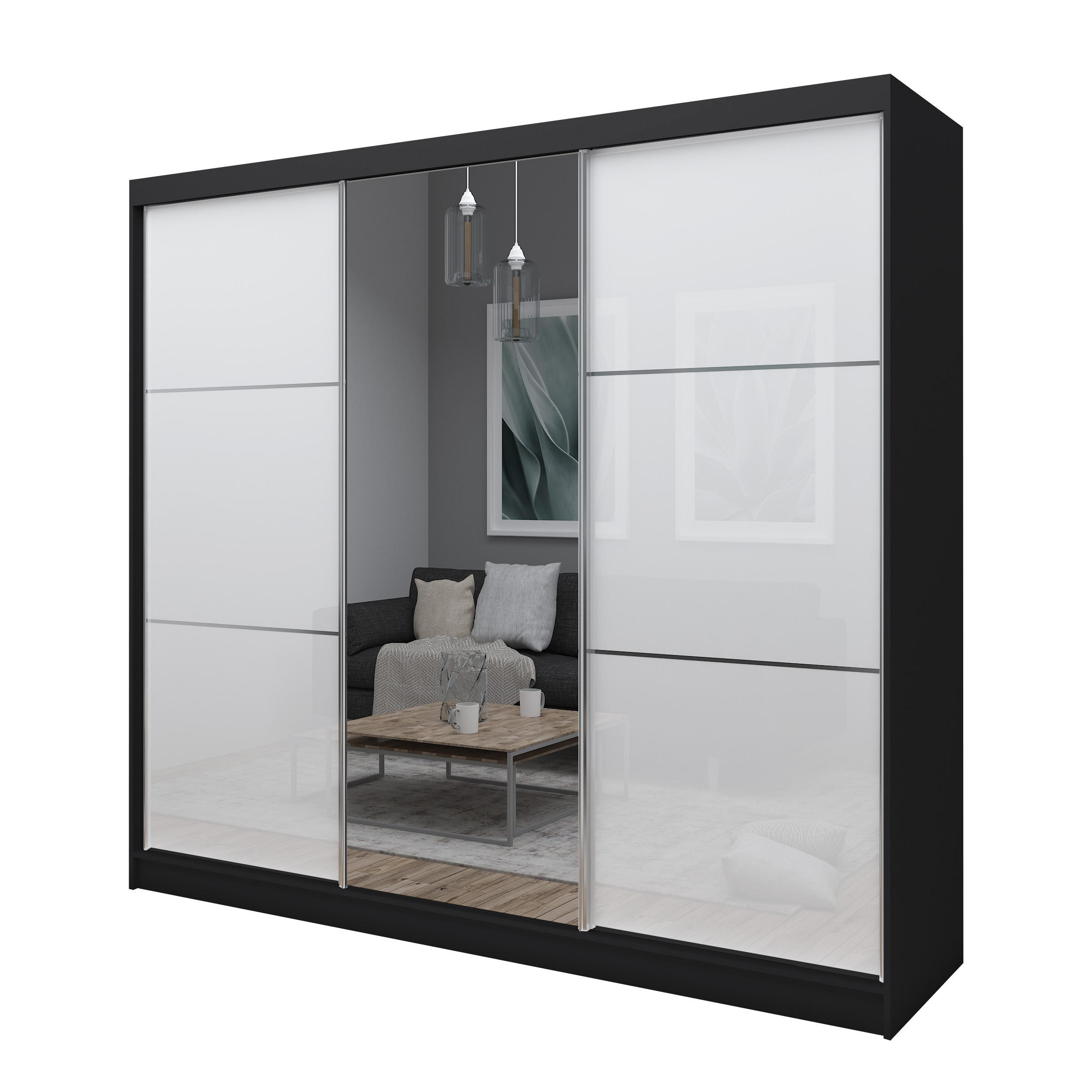 SCHWEBETÜRENSCHRANK VITALE 240/216/61 cm 3-türig mit Spiegel Schwarz - Schwarz/Weiß, Holzwerkstoff (240/216/61cm) - MASSENO