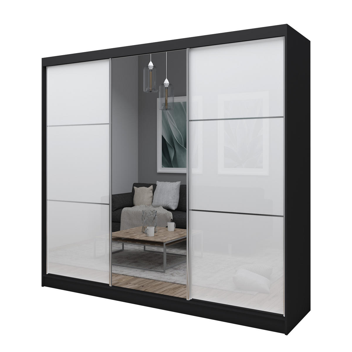 SCHWEBETÜRENSCHRANK VITALE 240/216/61 cm 3-türig mit Spiegel Schwarz - Schwarz/Weiß, Holzwerkstoff (240/216/61cm) - MASSENO