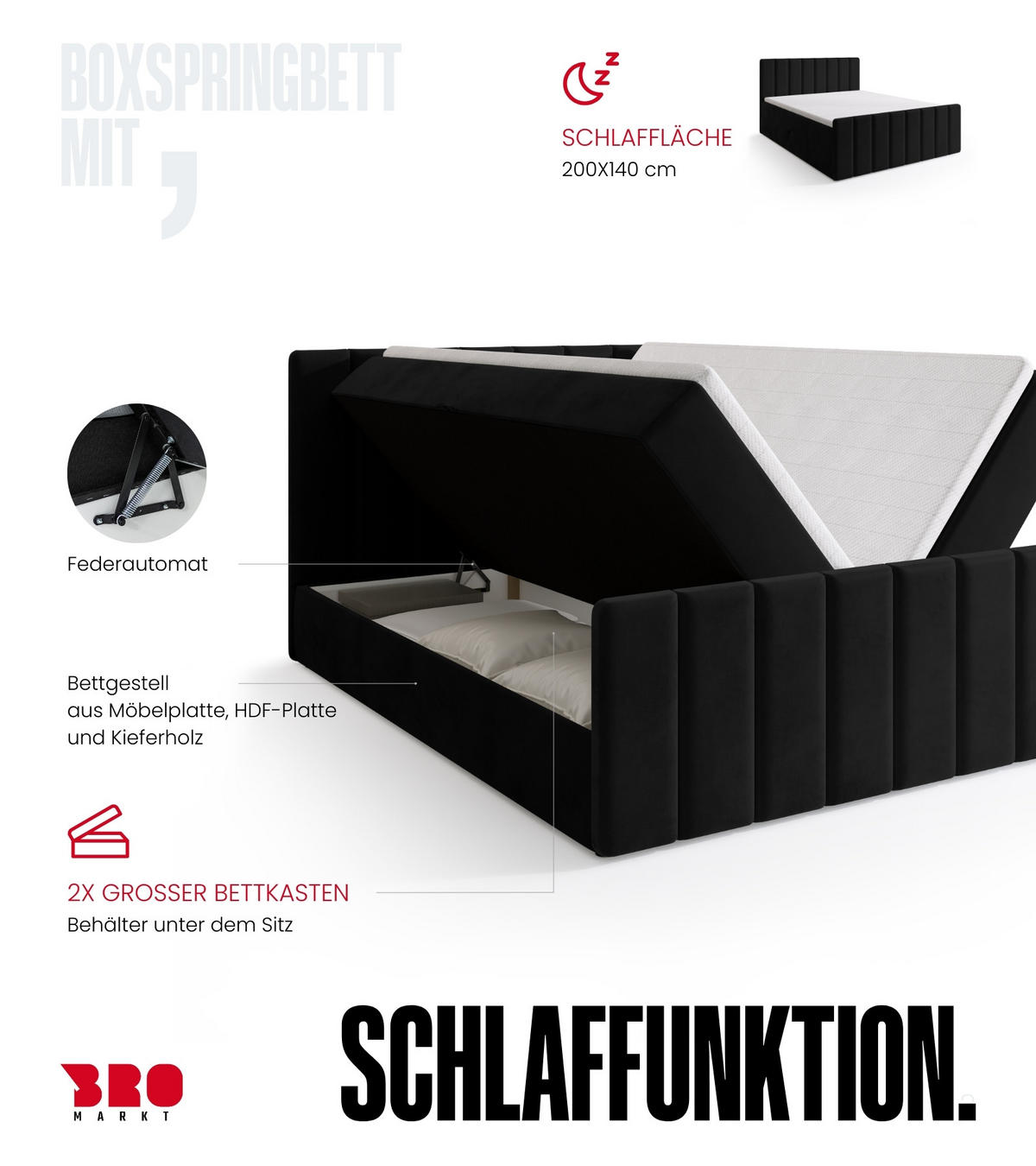 BOXSPRINGBETT Denver DUO mit Topper 140x200 Schwarz - Schwarz, Textil (140/200cm) - Bromarkt