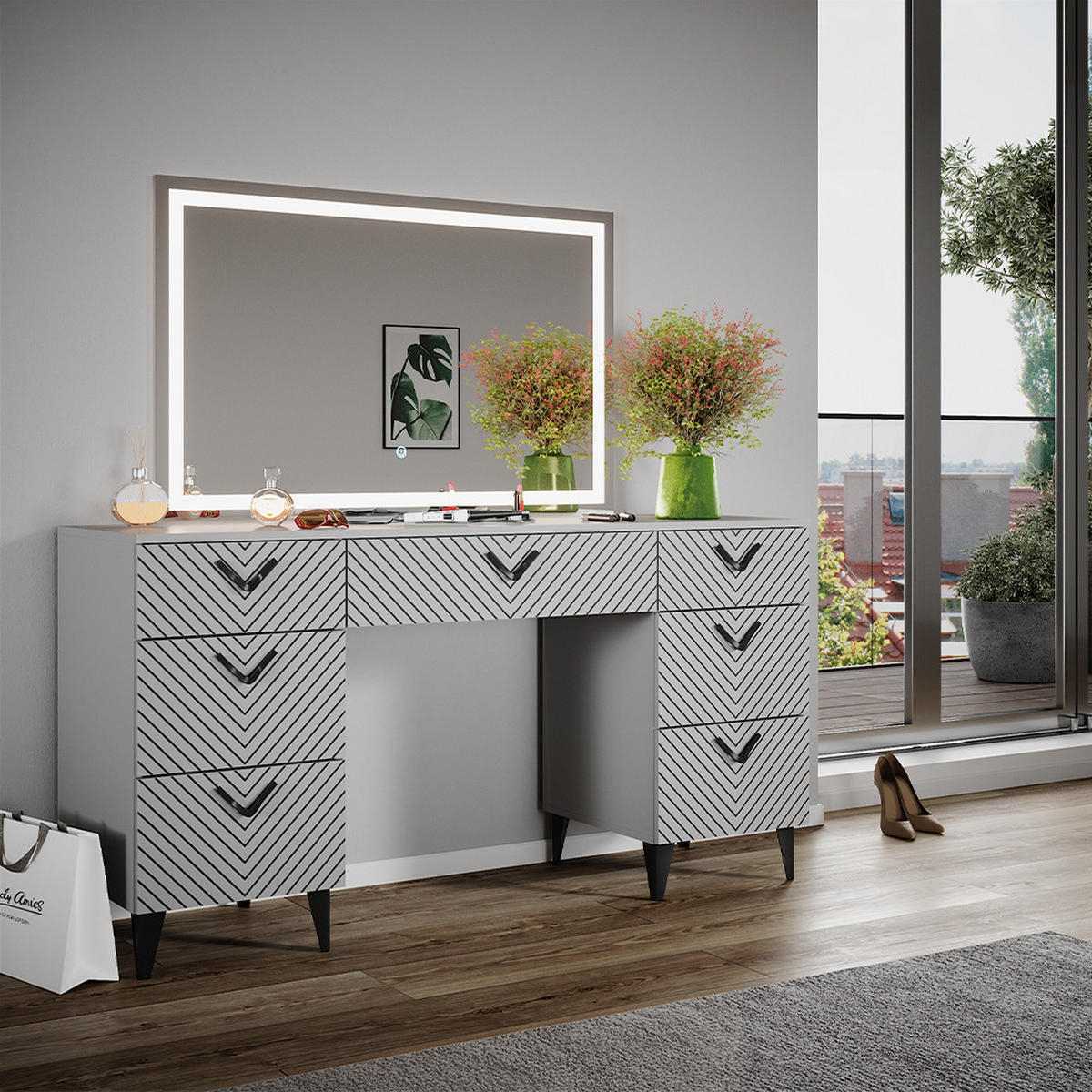 SCHMINKTISCH Anett Grau 150 cm mit LED-Spiegel - Grau, Holzwerkstoff (150/78.1/45cm) - Vicco