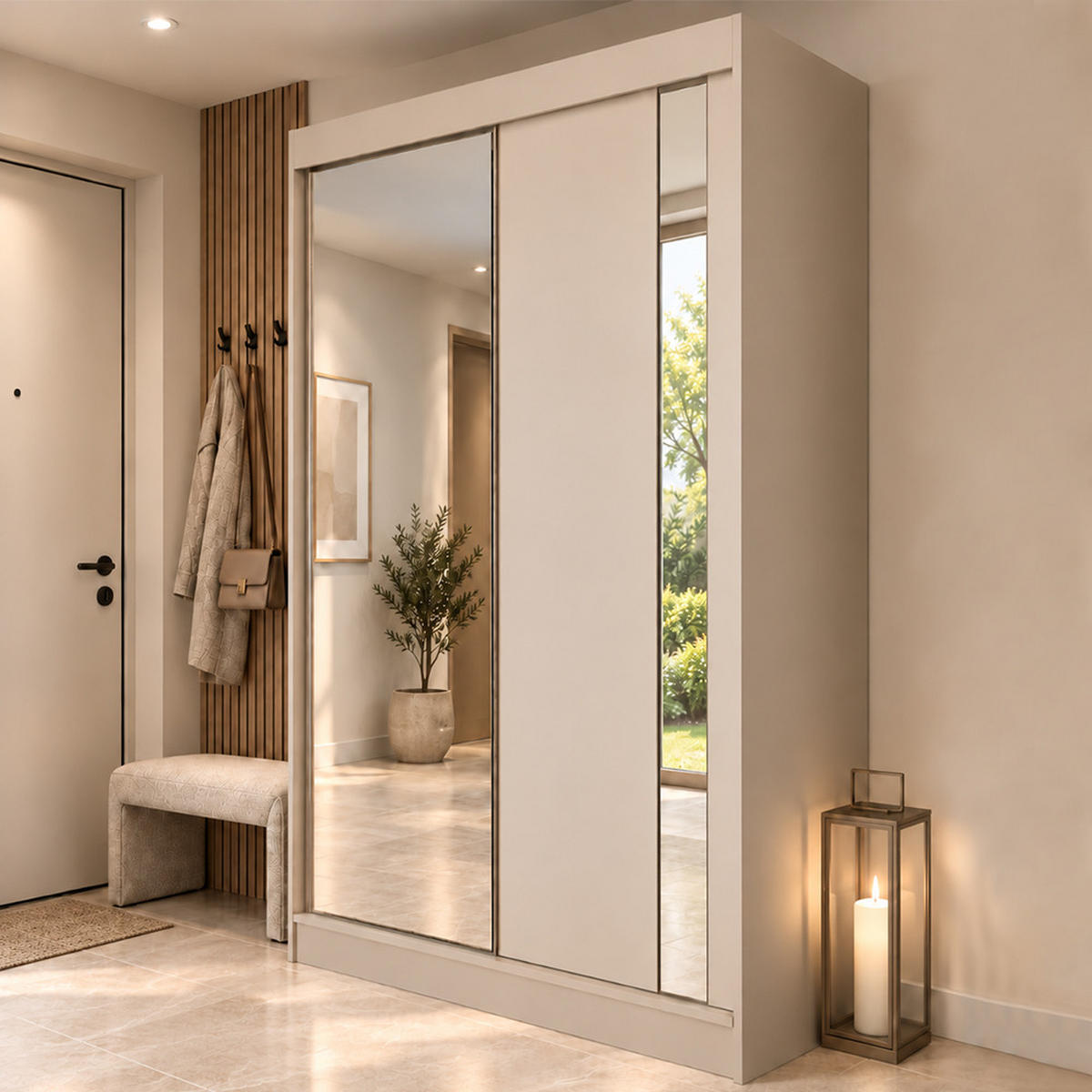 KLEIDERSCHRANK Gloria 120 cm Kaschmir Spiegel 2 Schubl. Griffe silber - Kaschmir, Holzwerkstoff (120/216/61cm) - KS Home Concept