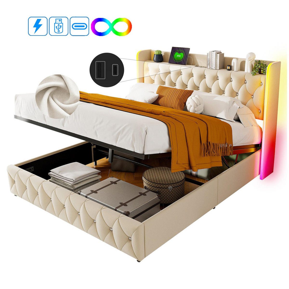 POLSTERBETT 160x200 mit LED, USB & Stauraum, Kunstleder, beige - Beige, Metall (160/200cm)