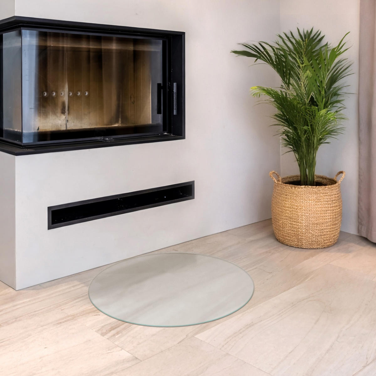 SKLENĚNÁ PODLOŽKA pod kamna Ø50 cm – mléčné sklo - průhledná, sklo (50/60/0.4cm) - TULUP