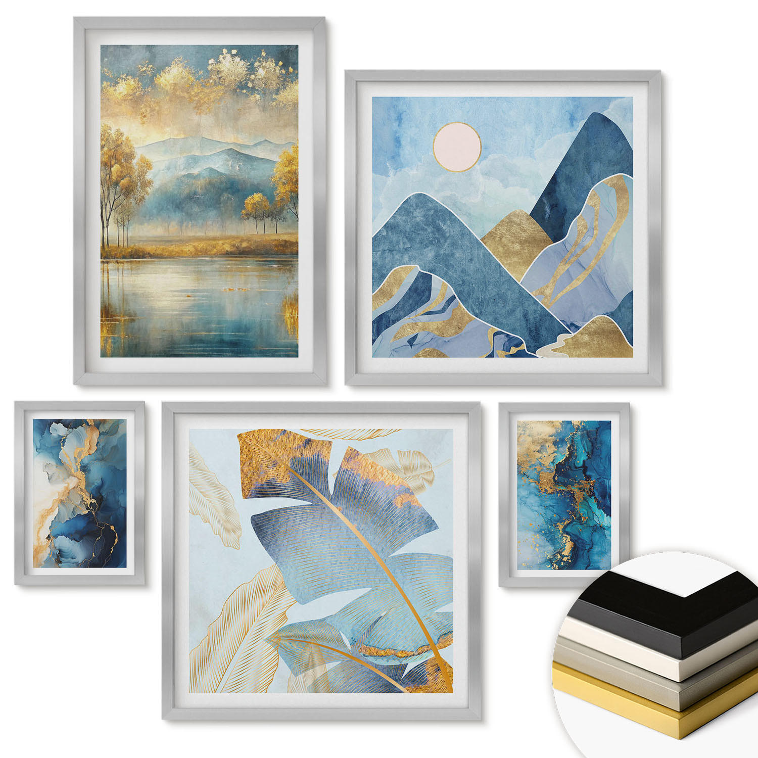 WANDBILDER 5er Set - 50x50 cm & 20x30 cm & 40x60 cm Silberner Rahmen - Goldmuster in den blauen Bergen - Silberfarben, Kunststoff (40/60cm) - ArtPrintCave
