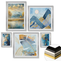 WANDBILDER 5er Set - 50x50 cm & 20x30 cm & 40x60 cm Silberner Rahmen - Goldmuster in den blauen Bergen - Silberfarben, Kunststoff (40/60cm) - ArtPrintCave