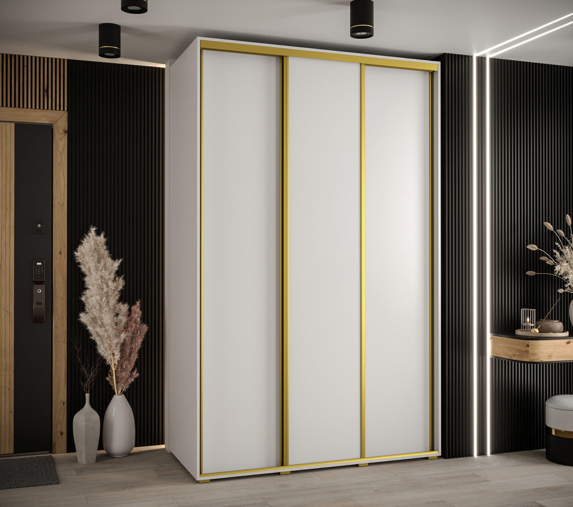 SCHWEBETÜRENSCHRANK 235,2/150/45 3-türig - Goldfarben/Weiß, Holz/Metall (150/235/45cm) - Abiks Möbel