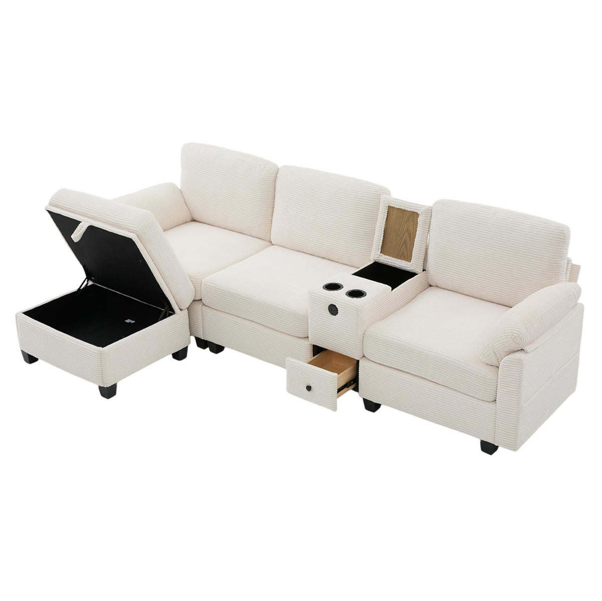 ECKSOFA L-Form mit verschiebbarer Mittelkonsole & USB-C-Anschluss Beige 266/136/82 cm - Beige, Textil (266/136cm) - OKWISH