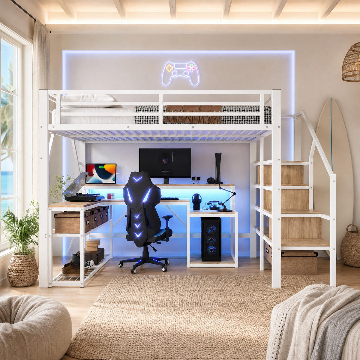 HOCHBETT 140/200 mit LED, Schreibtisch, USB-Anschluss und Stauraumtreppe in Weiß - Weiß, Holzwerkstoff/Metall (140/200cm) - EVRYAE