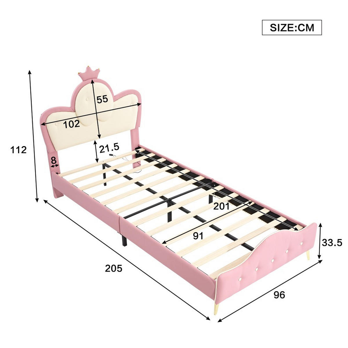 KINDERBETT 90x200cm in Rosa PU mit Monochromer LED-Streifen - Pink, Holz (90/200cm) - KOMHTOM