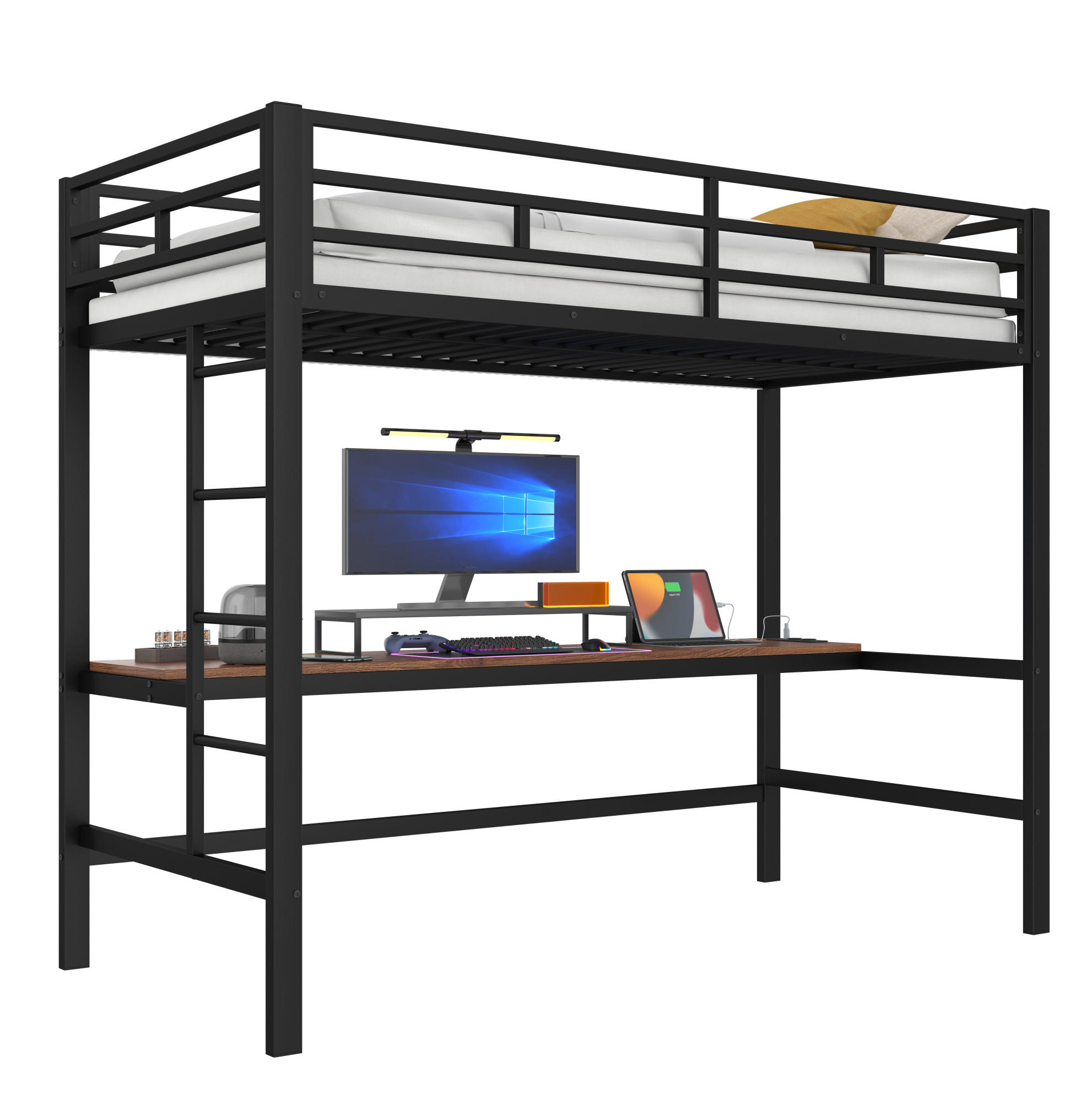 HOCHBETT 90/200 cm aus Metall und MDF mit Schreibtisch, LED-Lichtleiste und USB Schwarz - Schwarz, Metall (90/200cm) - Modenvie